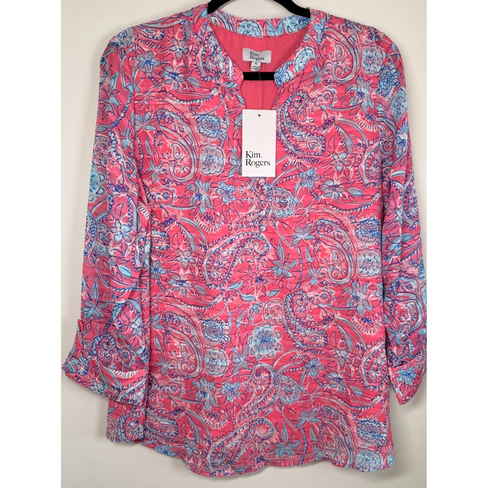 Kim Rogers Blouse Womens XL Pink NWT Paisley 3/4 Sleeve Textured Lined Top